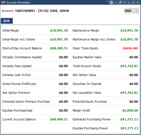 QST Professional Trading Software Accurate Account Information, Recalculated In Real-time With Each New Tick Or Fill