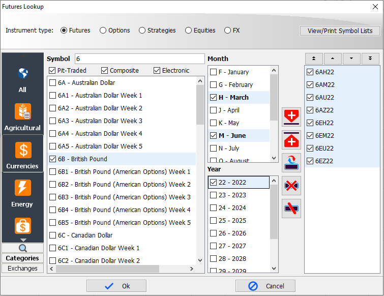 QST Professional Advanced Instrument Lookup Organized By Type: Futures, Options, Strategies, FX, By Category: Currencies, Financial Energy Or By Exchange