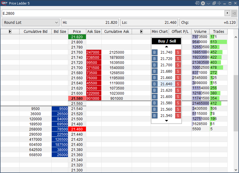 QST Professional Price Ladder Offering Advanced Trading Directly Showing Orders And The Possibility To Edit Quantity, Lifetime And Account At Place Order