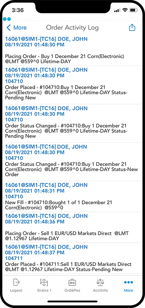 QST Mobile Trading Application For iOS and Android Which Displays all the information about the orders entered during a session, including detailed data about orders such as account, status, side, quantity, instrument name, price, lifetime.